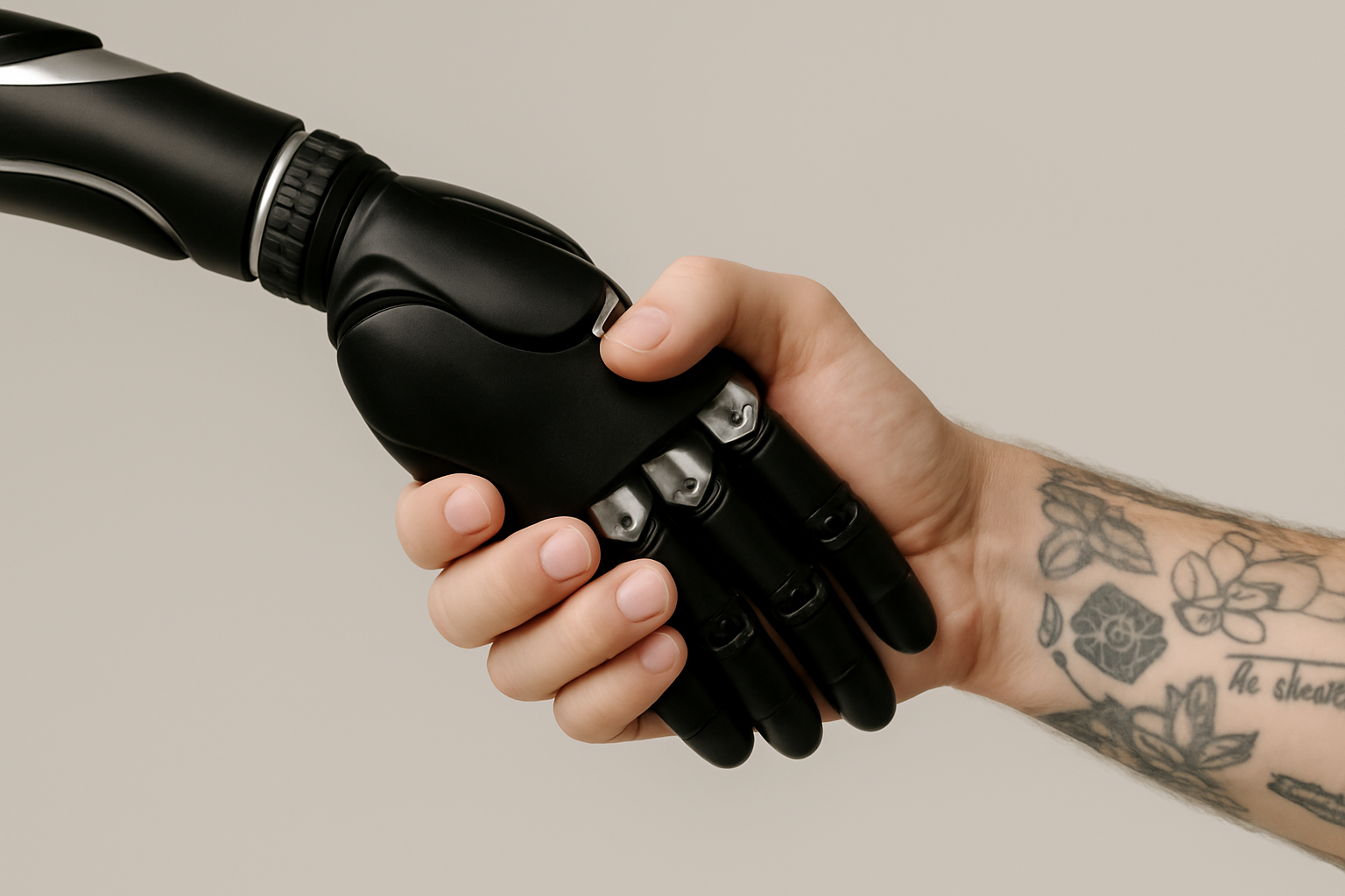 Apretón de manos entre un robot y un humano representando la colaboración de la IA para audiovisuales.