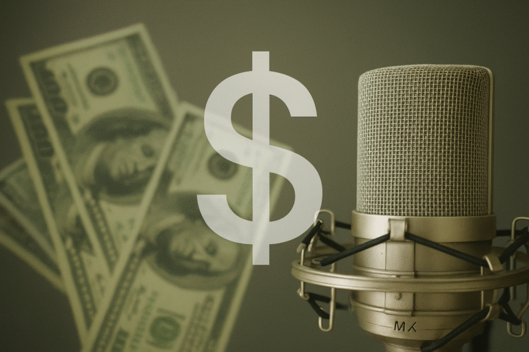 Micrófono profesional en estudio con símbolos de dinero que representan las tarifas de locutores y el costo de una locución profesional.