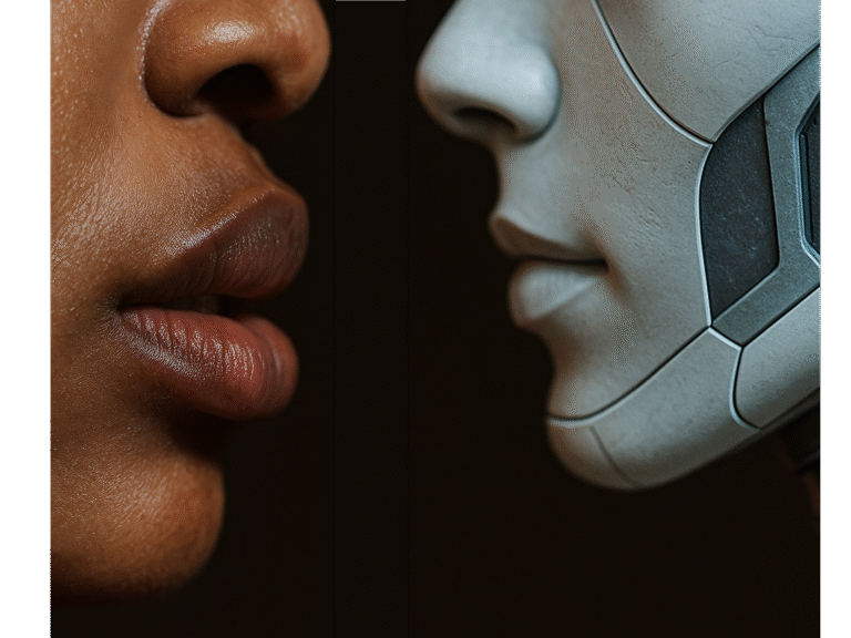 Primer plano de un rostro humano frente a un robot, ilustrando la comparación entre voz IA vs locutor profesional