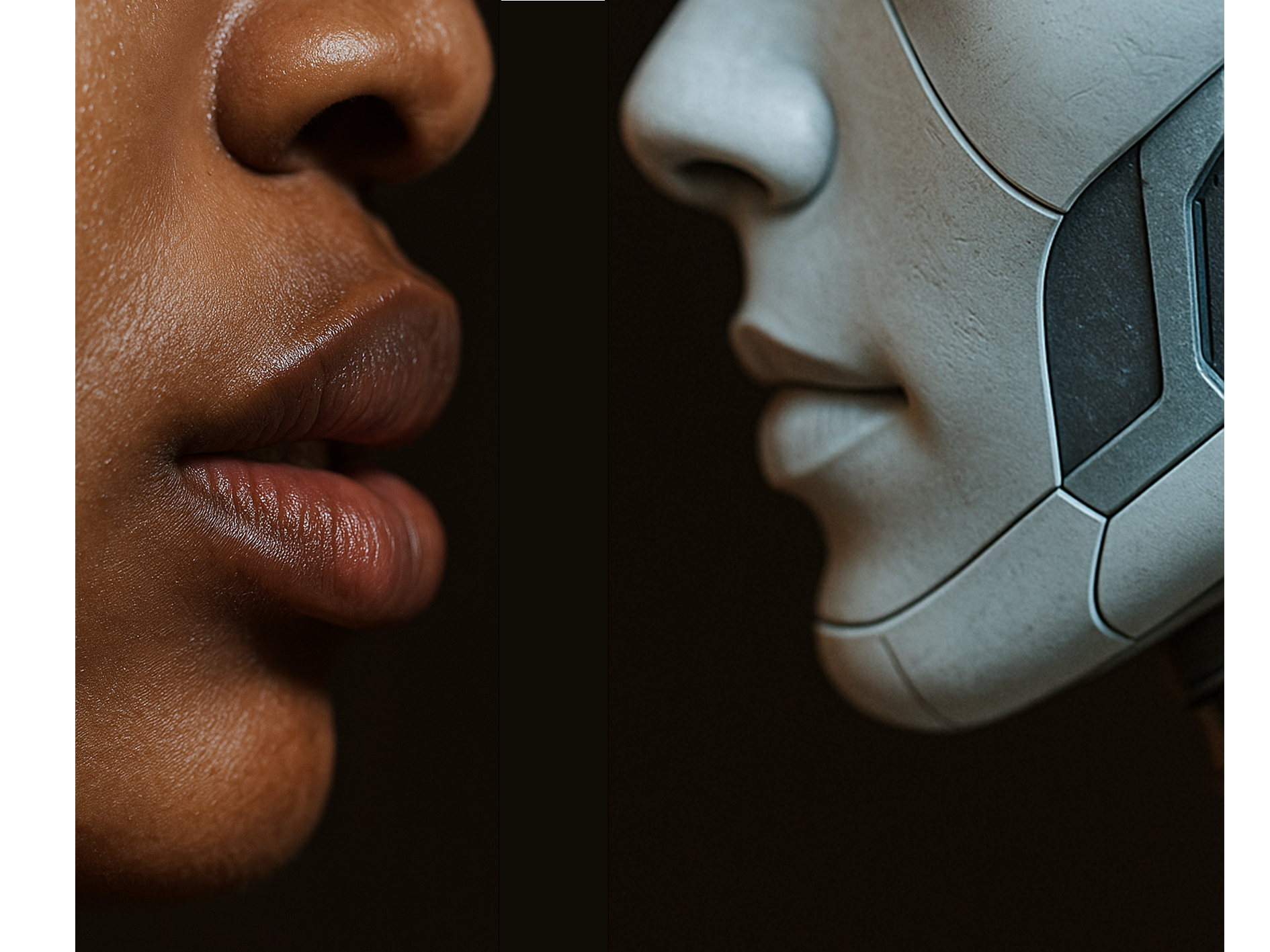 Primer plano de un rostro humano frente a un robot, ilustrando la comparación entre voz IA vs locutor profesional