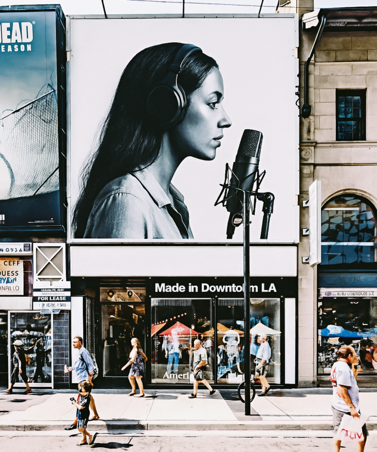Publicidad en blanco y negro con la imagen de un locutor comercial con micrófono y audífonos, representando el poder de la voz en la comunicación publicitaria.