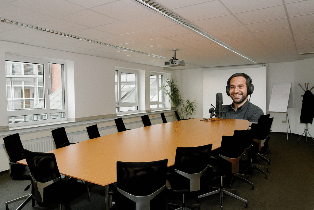 Proyección en sala de juntas de un locutor institucional con micrófono y audífonos, transmitiendo confianza y profesionalismo.