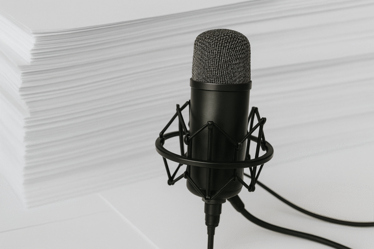 Micrófono profesional sobre hojas de papel que simboliza la tecnología de convertir texto a voz.