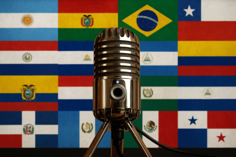Micrófono frente a una pared con banderas de países latinoamericanos que representan la diversidad de los locutores latinos.
