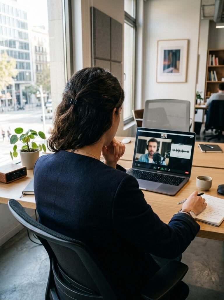 Directora creativa dirigiendo una grabación remota, vista desde atrás con la pantalla de videollamada
