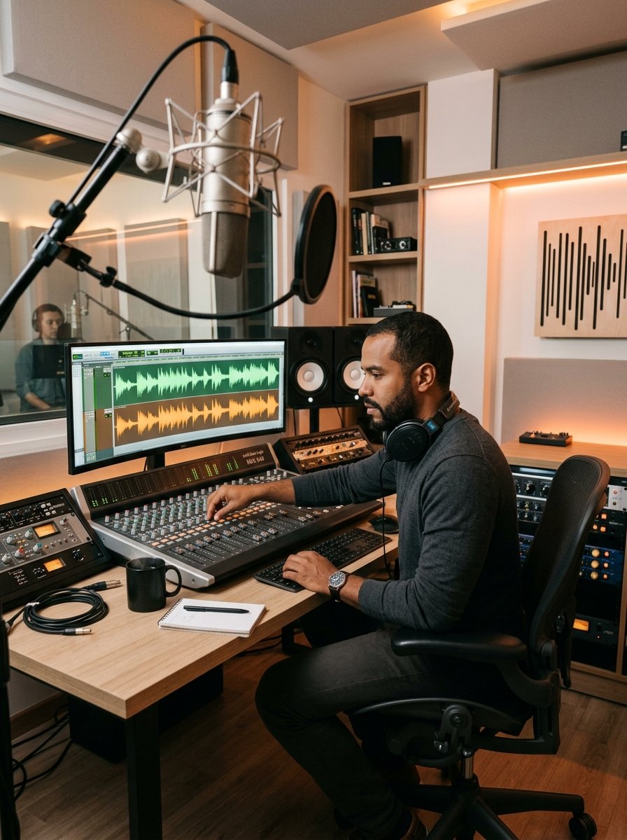 Ingeniero de audio grabando una locución comercial en estudio profesional