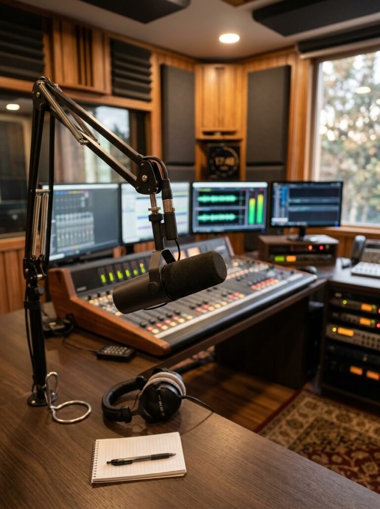 Cabina de radio profesional con micrófono suspendido y consola de mezcla