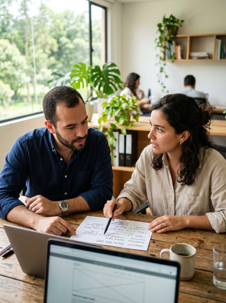 Dos profesionales revisando juntos anotaciones de un proyecto de locución