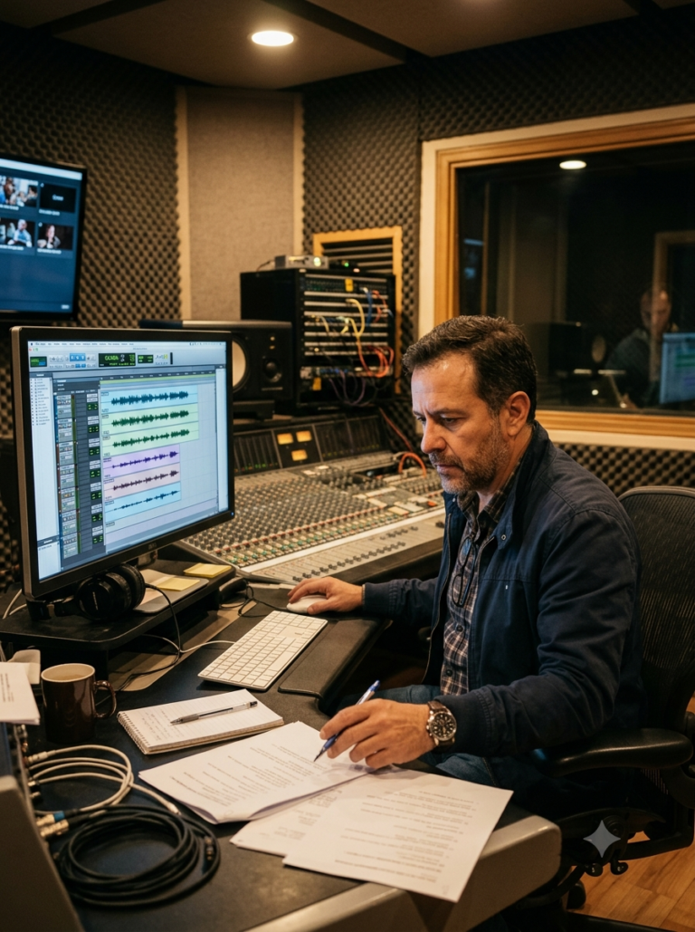 Director de doblaje revisando formas de onda de audio de distintos personajes