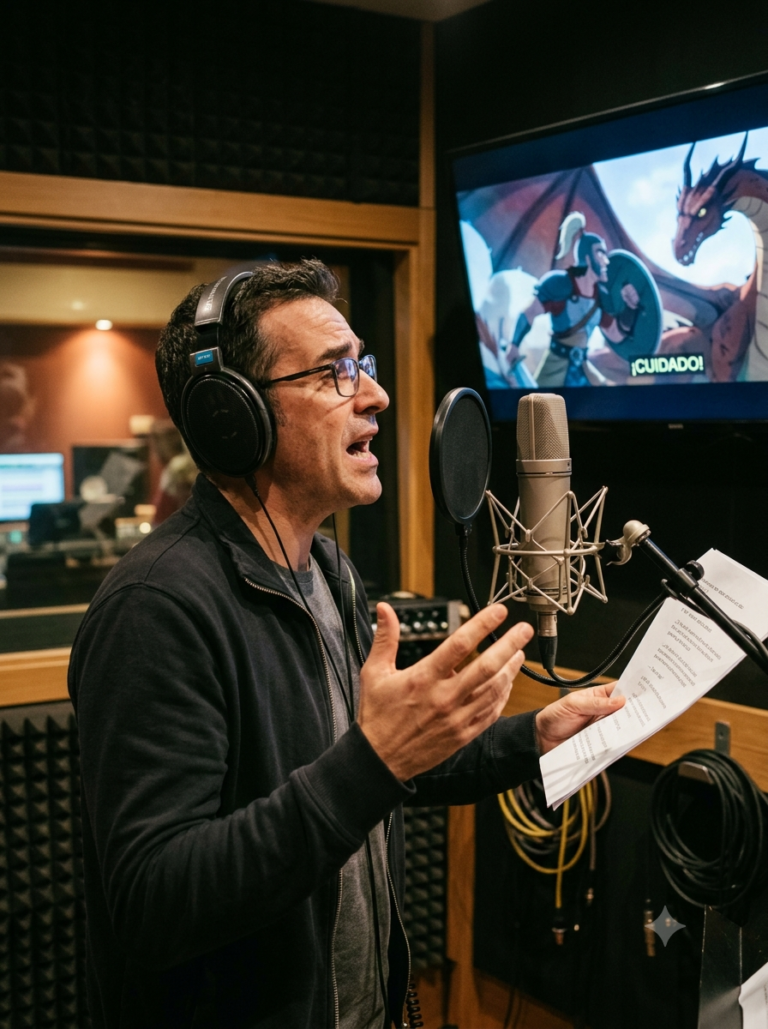 Actor de doblaje interpretando frente a un micrófono mientras observa una escena en pantalla