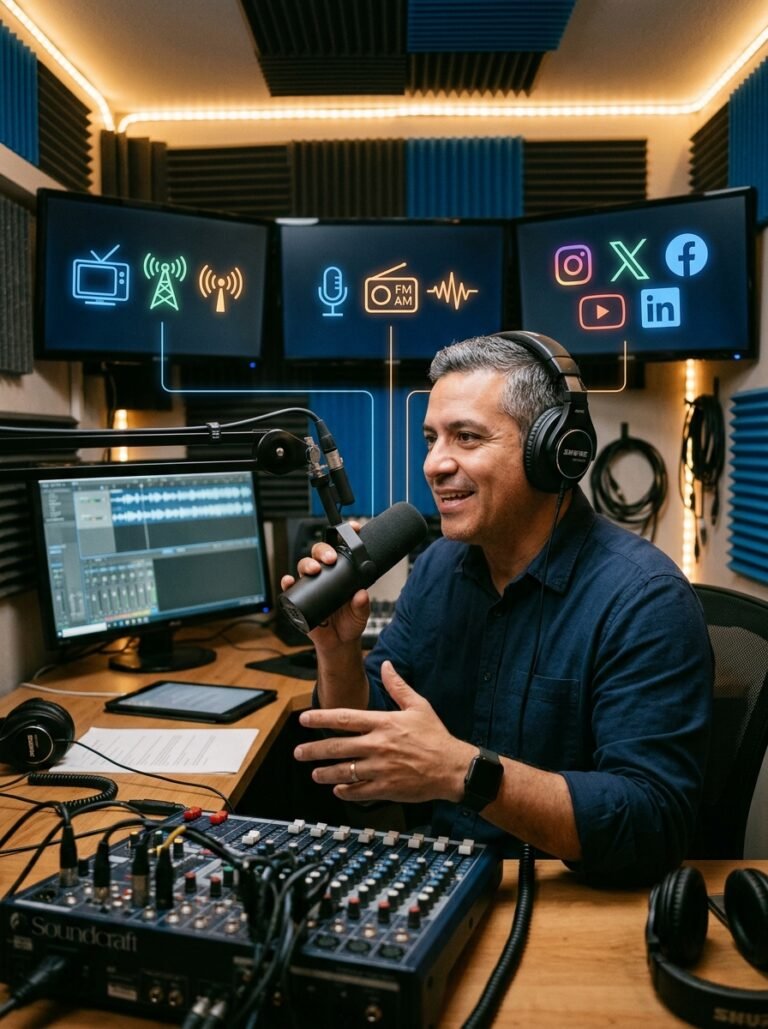 Locutor en cabina de grabación con íconos de TV, radio y redes conectados